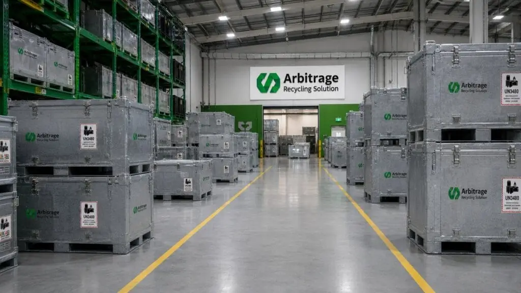 Lagerhalle mit Batteriebehältern und Regalen