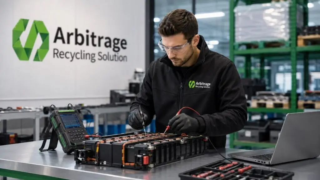 Fachkraft prüft ein Batteriemodul am Arbeitsplatz