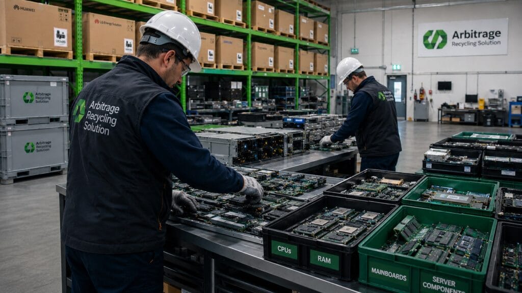 Mitarbeiter sortiert Leiterplatten und Bauteile in Behälter für die Verwertung