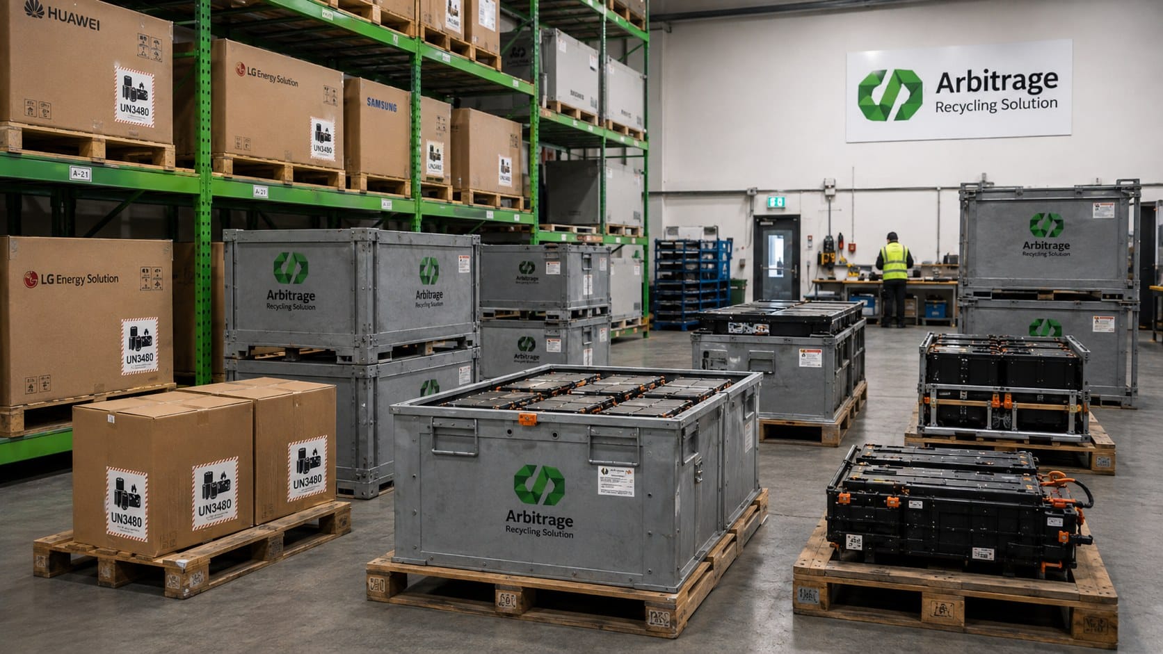Sortierte Lithium-Batteriemodule und Behälter für Second-Life-Prüfung