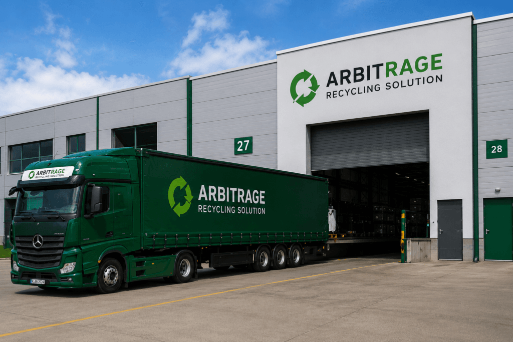 Recycling-Logistik mit Lkw vor Lagerhalle für Batterie- und Elektroschrott