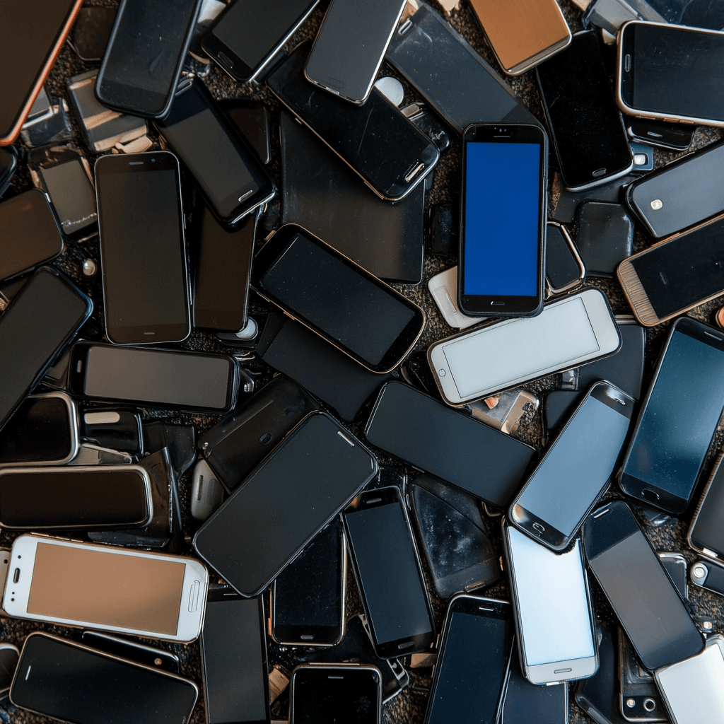 Gebrauchte Smartphones für Elektronikrecycling aus der Draufsicht