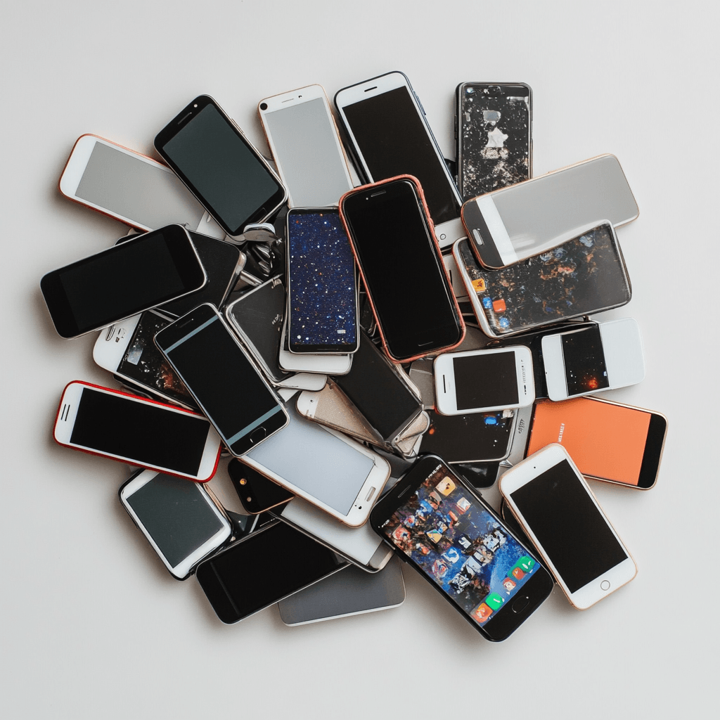 Gebrauchte Smartphones als Bestand aus der Draufsicht