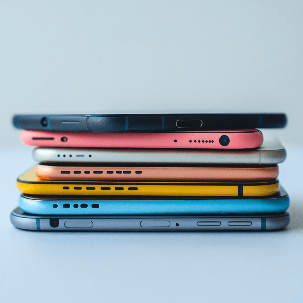 Stapel gebrauchter Smartphones für Recycling und Wiederverwendung