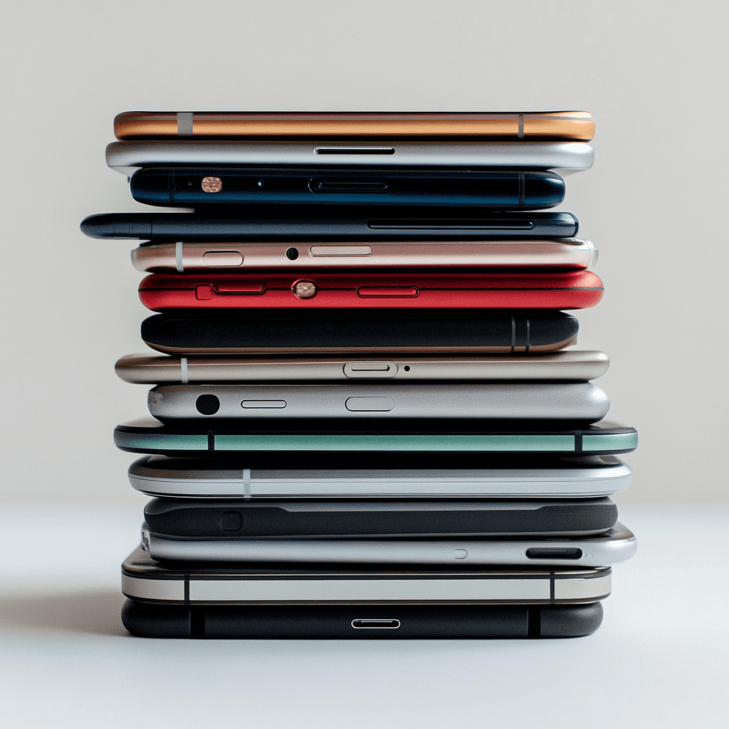 Stapel gebrauchter Smartphones für Wiederverwendung und Recycling