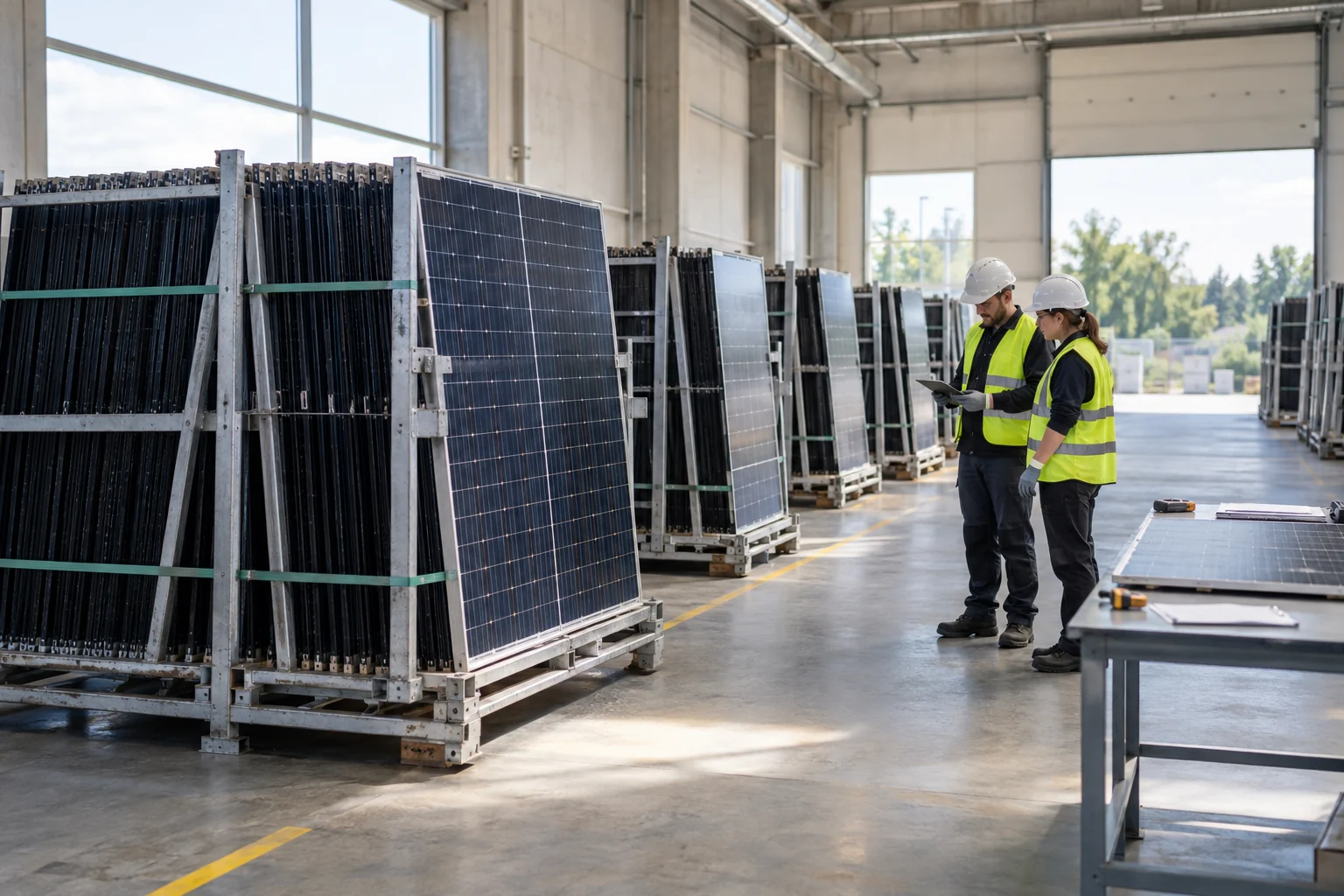 Große Solarmodulcharge in gesicherten Transportgestellen vor der Annahmeprüfung