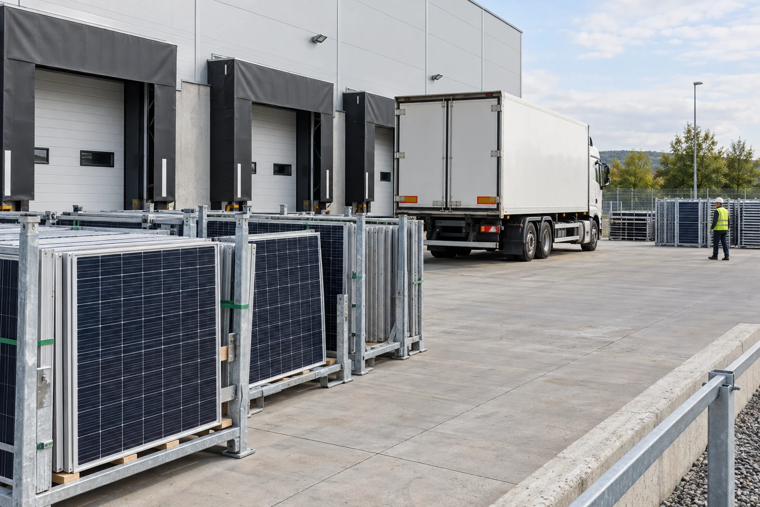 Solarmodule an einem industriellen Ladepunkt mit Transportfahrzeug